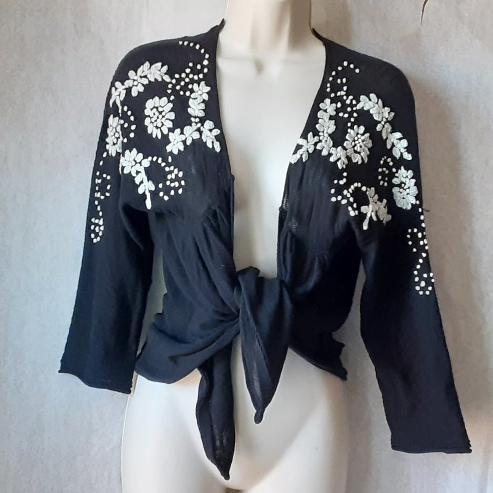 RXB Women's Black Cardigan with white embroidery,100% cotton, very light, size M